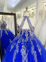 Royal halter neck gold embroidery beading lace up back quinceanera sweet 16 ball gown