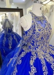 Royal halter neck gold embroidery beading lace up back quinceanera sweet 16 ball gown