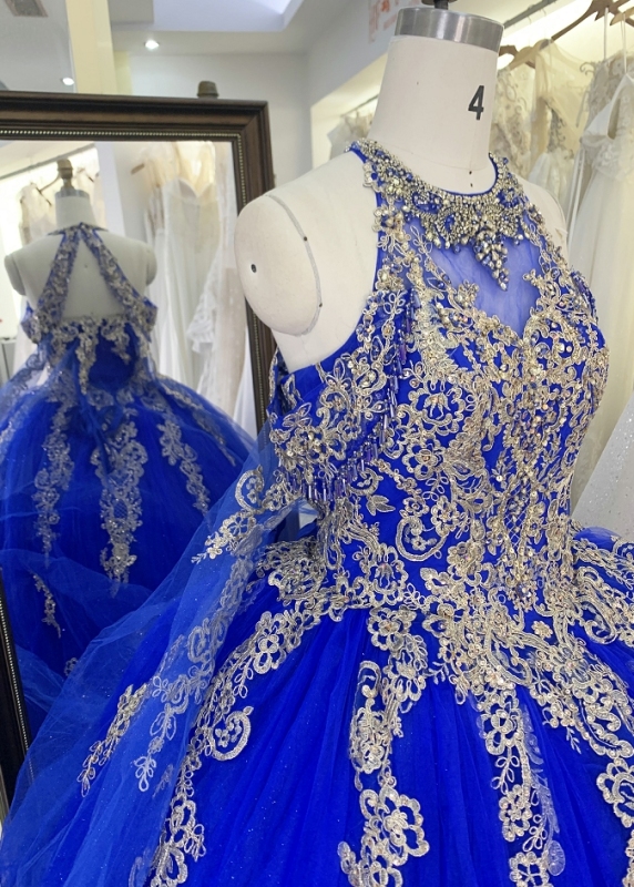 Royal halter neck gold embroidery beading lace up back quinceanera sweet 16 ball gown
