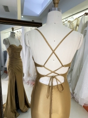 New gold nude corset mermaid satin sleeveless hand pleated lace up back prom evening women dresses