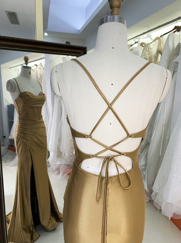 New gold nude corset mermaid satin sleeveless hand pleated lace up back prom evening women dresses