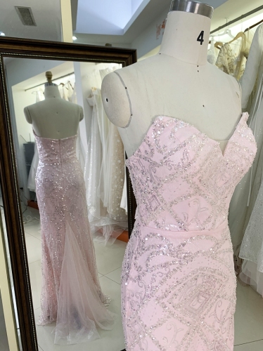 Pink new sequin sleeveless lace up back prom evening women dresses
