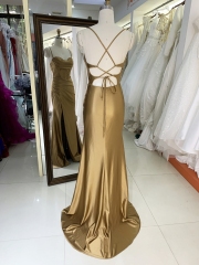 New gold nude corset mermaid satin sleeveless hand pleated lace up back prom evening women dresses