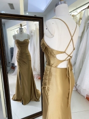 New gold nude corset mermaid satin sleeveless hand pleated lace up back prom evening women dresses