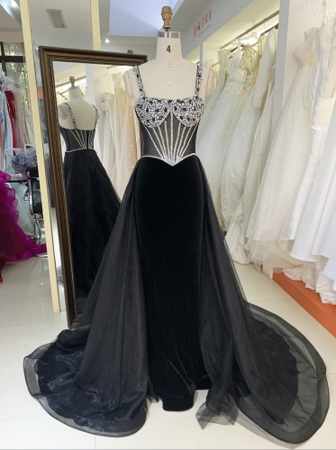 Black purple hand beading rhinestone sleeveless velvet mermaid evening dresses with overskirt