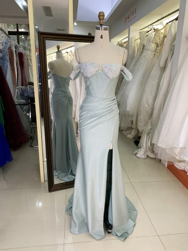 Mint green embroidery sequin off shoulder shiny elastic satin hand pleated mermaid prom dresses