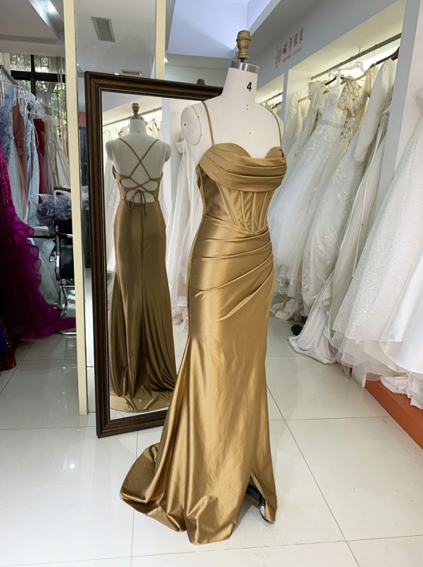 New gold nude corset mermaid satin sleeveless hand pleated lace up back prom evening women dresses