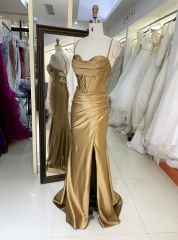 New gold nude corset mermaid satin sleeveless hand pleated lace up back prom evening women dresses