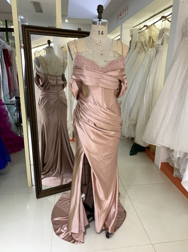 New beading satin dress off shoulder pleat prom night elegant for women