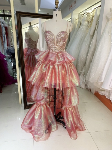 Pink beading embroidery sweetheart sleeveless ruffle organza skirt with lace up back