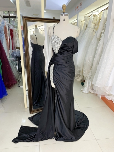 New beading satin evening dress one shoulder pleat prom night elegant