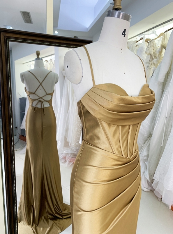 New gold nude corset mermaid satin sleeveless hand pleated lace up back prom evening women dresses