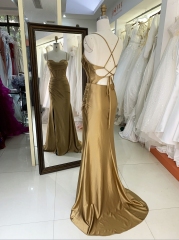 New gold nude corset mermaid satin sleeveless hand pleated lace up back prom evening women dresses