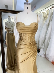 New gold nude corset mermaid satin sleeveless hand pleated lace up back prom evening women dresses