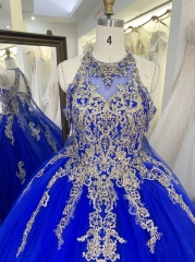 Royal halter neck gold embroidery beading lace up back quinceanera sweet 16 ball gown