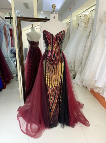 Red New sequin sleeveless prom evening women dresses with overskirt