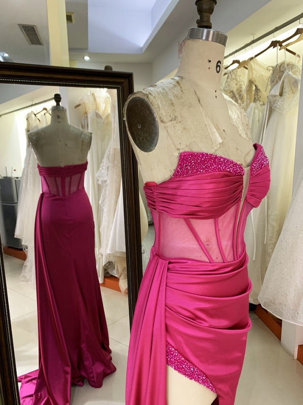 2024 New prom boning beading dresses for girls wholesale fuchsia romantic