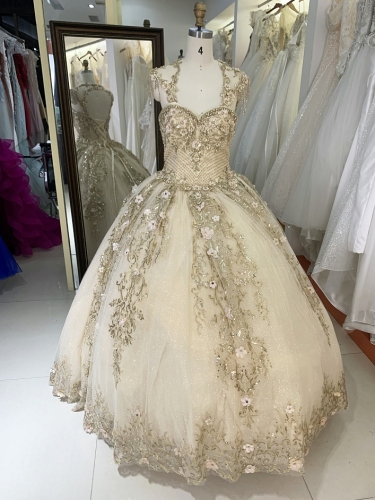 Gold halter neck 3Dembroidery beading sweetheart lace up back quinceanera ball gown