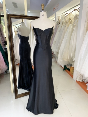 New V neck boning satin pleat prom dresses evening dress for woman