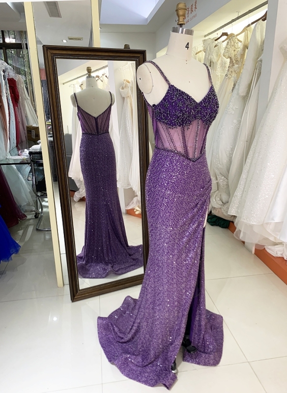 Purple Factory wholesale sleeveless glitter corset mermaid luxury high slit prom evening dresses