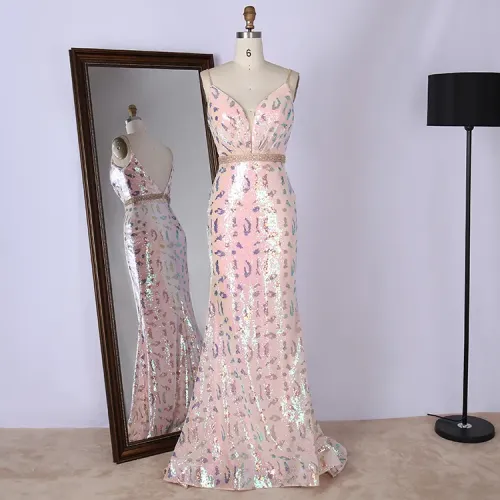 Wholesale luxury one-shoulder waistband seam beaded pink glitter prom dress women for party