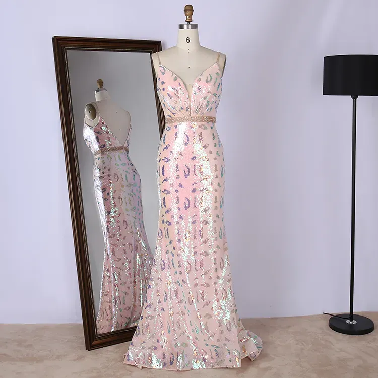 Wholesale luxury one-shoulder waistband seam beaded pink glitter prom dress women for party