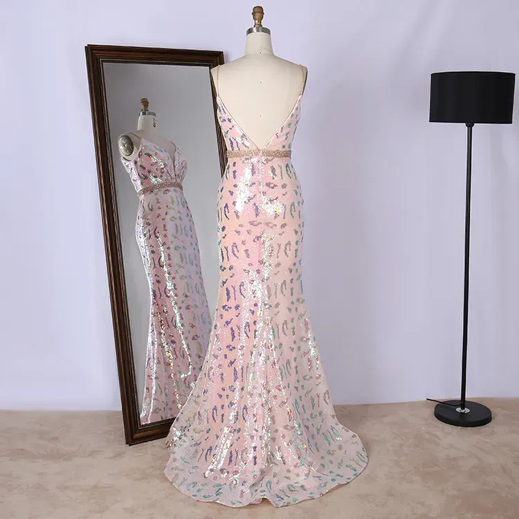 Wholesale luxury one-shoulder waistband seam beaded pink glitter prom dress women for party
