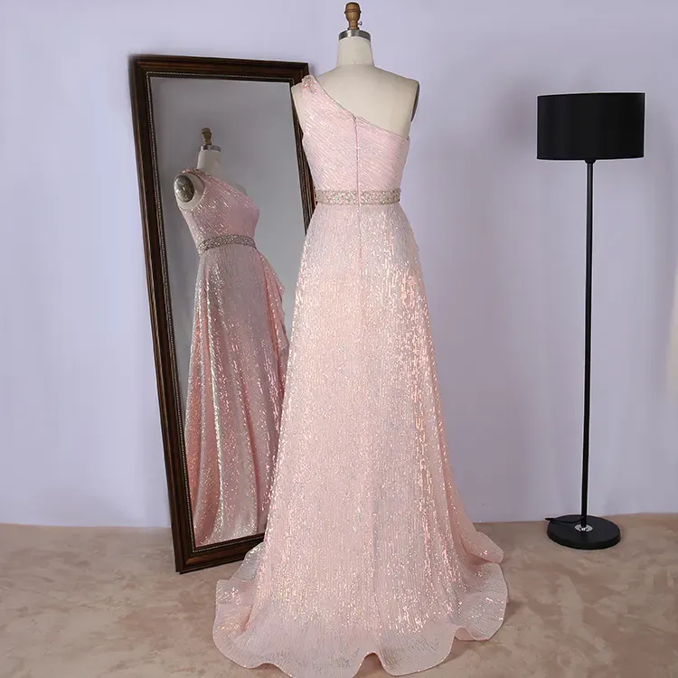 Wholesale luxury one-shoulder waistband seam beaded pink glitter prom dress women for party