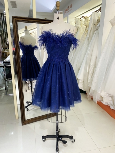 New blue feather short glitter homecoming dresses for fat girls sexy
