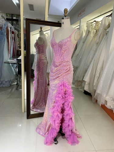 New ruffle slit boning V neck prom dresses evening dress for woman
