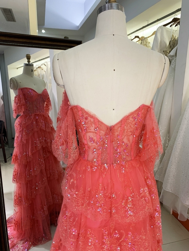Ruffle tiered tulle layers long prom dresses for girls wholesale