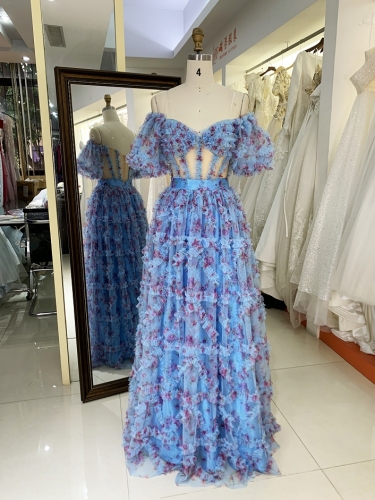 Ruffle flower tulle layers long prom dresses for girls wholesale