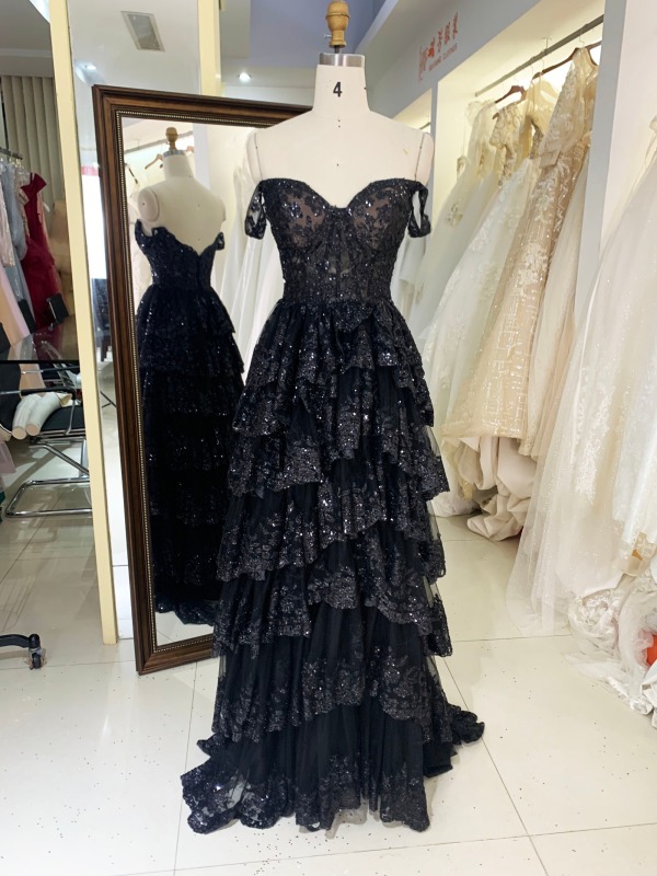 Ruffle tiered tulle layers long prom dresses for girls wholesale