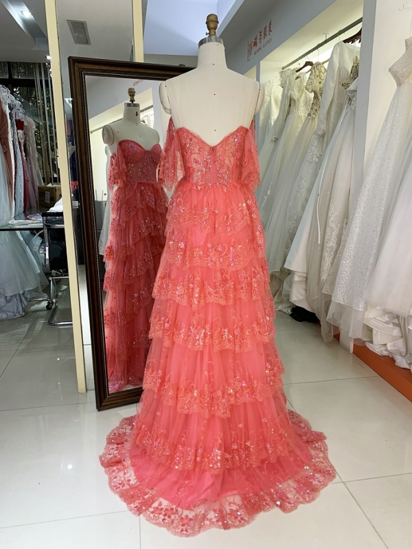 Ruffle tiered tulle layers long prom dresses for girls wholesale