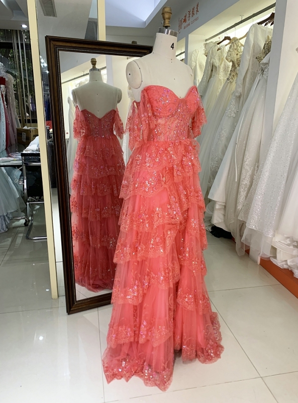 Ruffle tiered tulle layers long prom dresses for girls wholesale