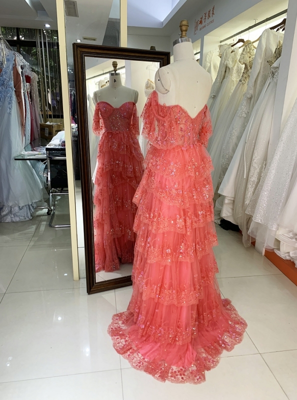 Ruffle tiered tulle layers long prom dresses for girls wholesale