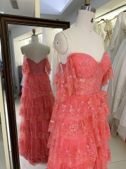 Ruffle tiered tulle layers long prom dresses for girls wholesale