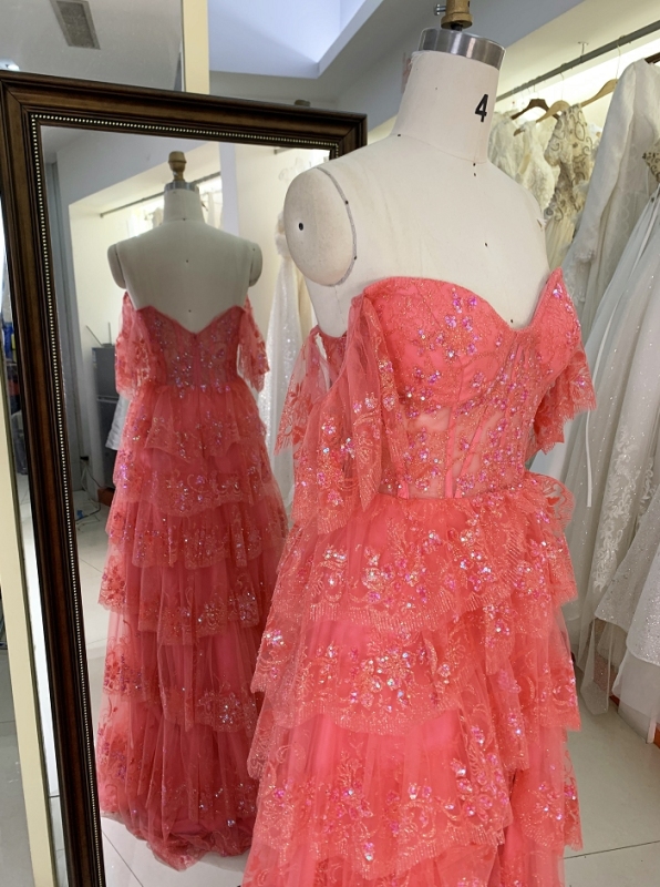 Ruffle tiered tulle layers long prom dresses for girls wholesale