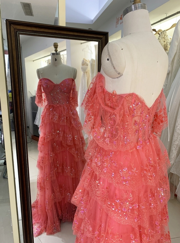 Ruffle tiered tulle layers long prom dresses for girls wholesale