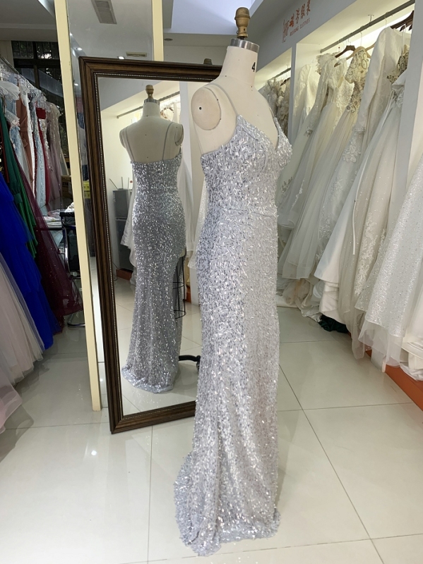 2024 Gray New sleeveless sequin mermaid high slit zipper up back prom evening women dresses