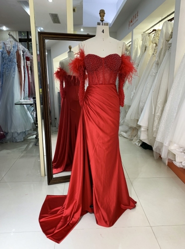 Red beading satin mermaid feather sleeve zipper up back prom evening women dresses