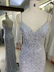 2024 Gray New sleeveless sequin mermaid high slit zipper up back prom evening women dresses