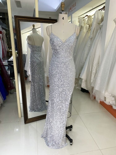 Gray New sleeveless sequin mermaid high slit zipper up back prom evening women dresses