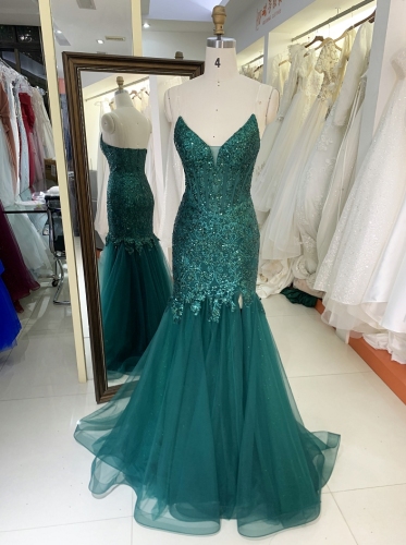 Emerald green New sequin sleeveless tulle fishtail zipper up back prom evening women dresses