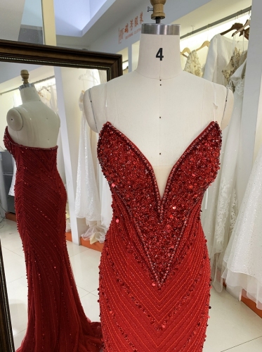 Red New hand beading sleeveless satin mermaid zipper up back prom evening women dresses