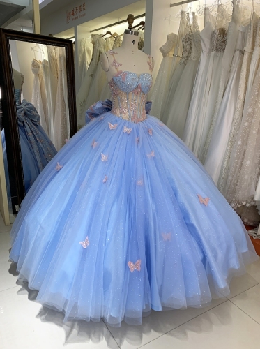 Light BLue factory wholesale embroidery sleeveless corset sweet 16 princess tulle ball gown for girls