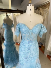 2024 light blue off shoulder mermaid glitter tulle zipper up back prom evening women dresses