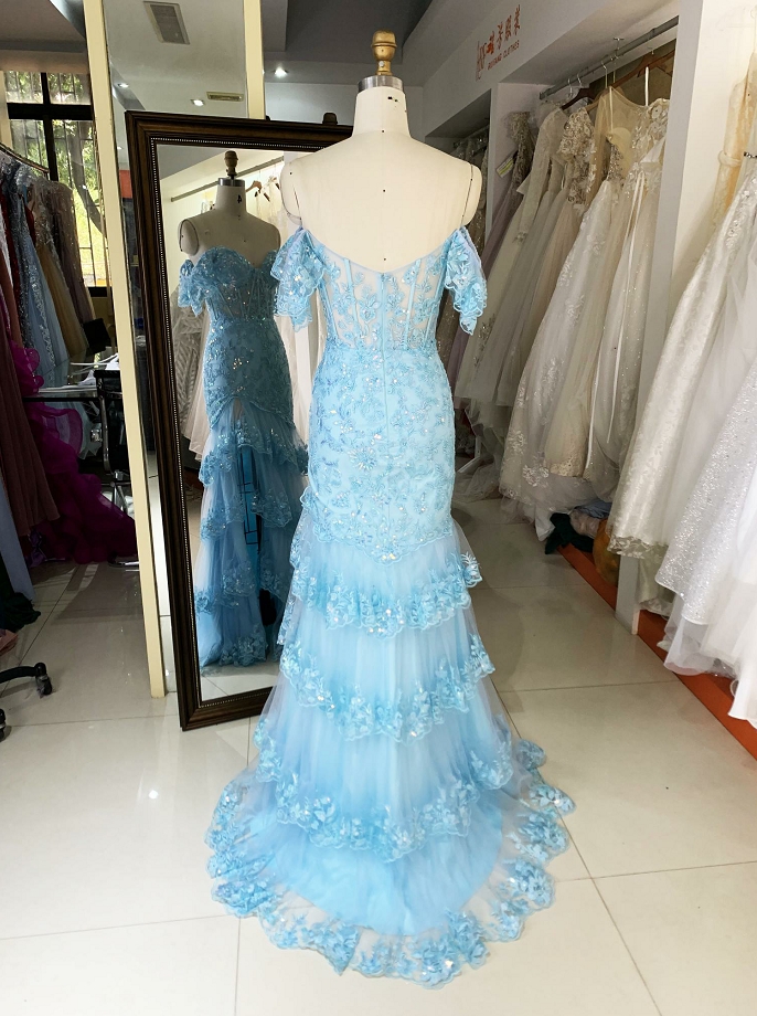 2024 light blue off shoulder mermaid glitter tulle zipper up back prom evening women dresses