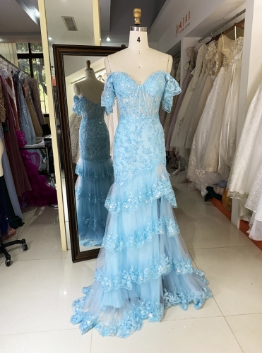 light blue off shoulder mermaid glitter tulle zipper up back prom evening women dresses