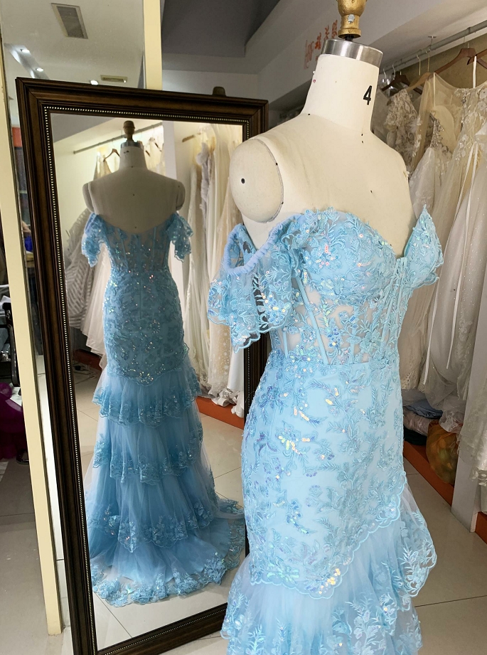 2024 light blue off shoulder mermaid glitter tulle zipper up back prom evening women dresses